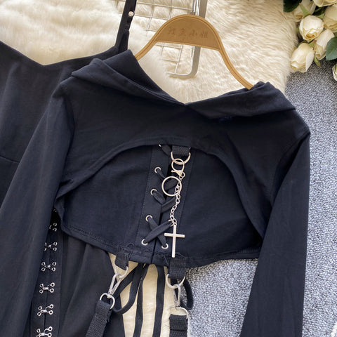 Niche Short Hoodie&Slip Dress 2Pcs