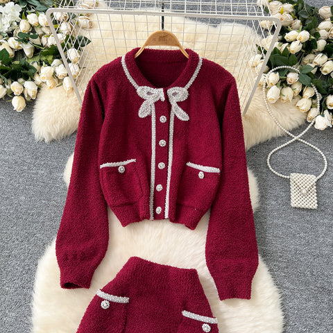Beaded Cardigan&Slim Skirt Knitted 2Pcs