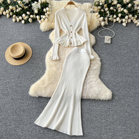 Ruffled Cardigan&Fishtail Skirt 2Pcs
