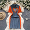 Polo Collar Zipped Denim Patchwork Dress