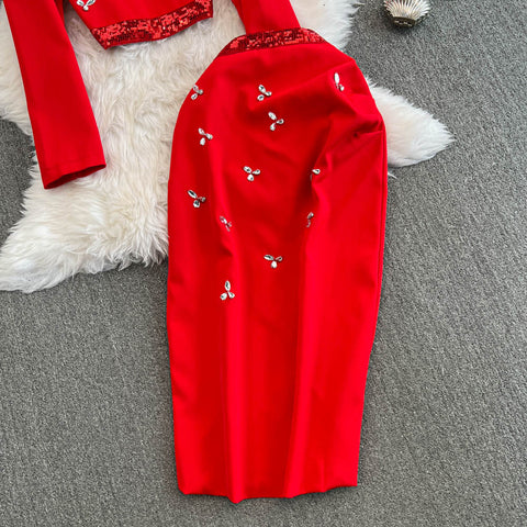 Rhinestone Studded Sweater&Skirt 2Pcs