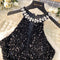 Rhinestone Studded Shiny Black Halter Dress