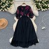 Vintage Floral Mesh V-neck Black Dress