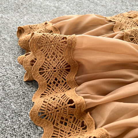 V-neck Shirt&Skirt Lace Patchwork 2Pcs