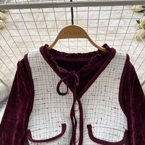 Lace-up Corduroy Dress&Jacquard Vest 2Pcs