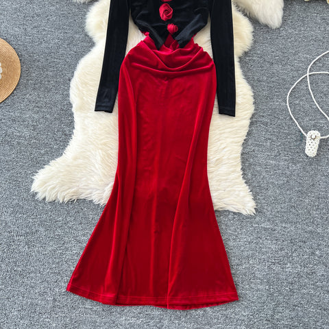 3D Floral Suede Patchwork Dress