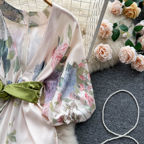 Japanese-Inspired Floral Print V-Neck Dress