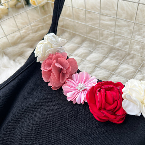 3d Floral Neckline Black Slip Dress