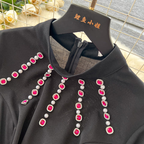 3D Rose Rhinestone Studded Black Dress