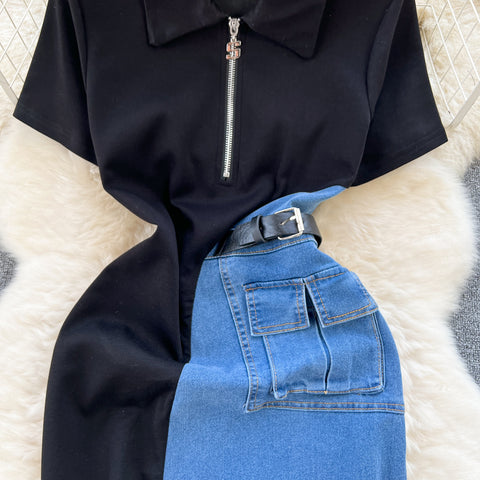 Zipped Denim Patchwork Black Dress