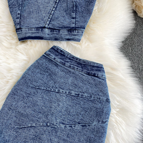Niche Top&Split Skirt Denim 2Pcs