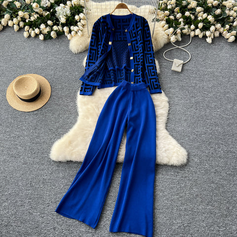 Maze Pattern Cardigan&Camisole&Trousers 3Pcs