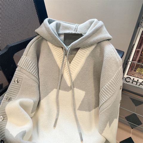 Faux Two-pieces Patchwork Hooded Knitwear