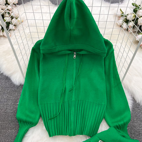 Knitted Hoodie&Wide-leg Trousers 2Pcs