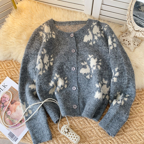 Thermal Round Collar Printed Cardigan