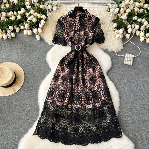 Courtly Stand Collar Hollowed Lace Dress