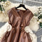 V-neck Sleeveless Hollowed PU Dress