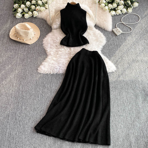 Turtleneck Knitwear&A-line Skirt 2Pcs