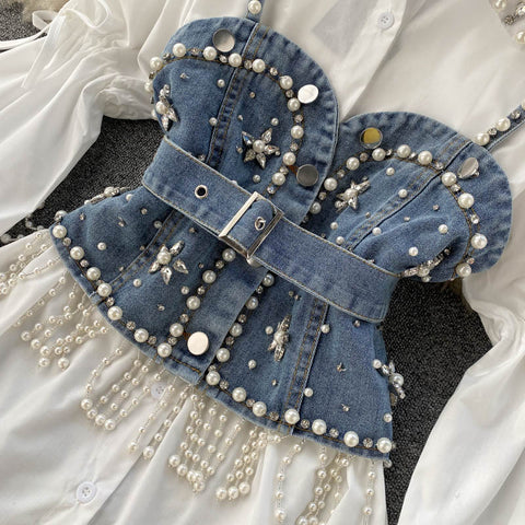 Korean Style Beaded Denim Patchwork Shirt