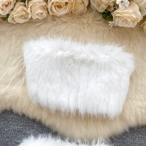 Tube Top&Skirt White Furry 2Pcs