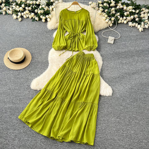 Lace-up Top & Draped Skirt 2Pcs