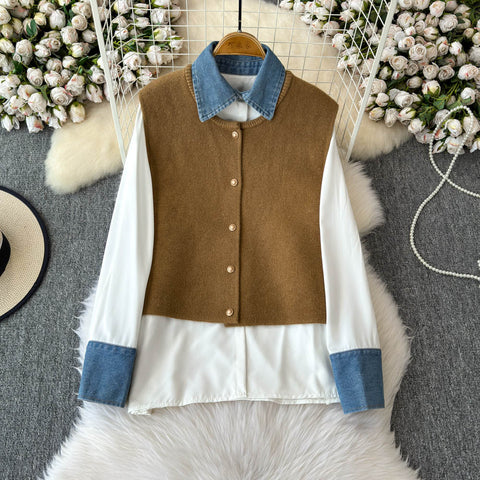 Denim Patchwork Shirt & Knitted Vest