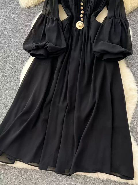 Elegant Metal Button Black Chiffon Dress