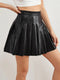 Simple Design PU Leather Pleated Skirt