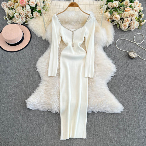 Square Neckline Rhinestone Backless Dress