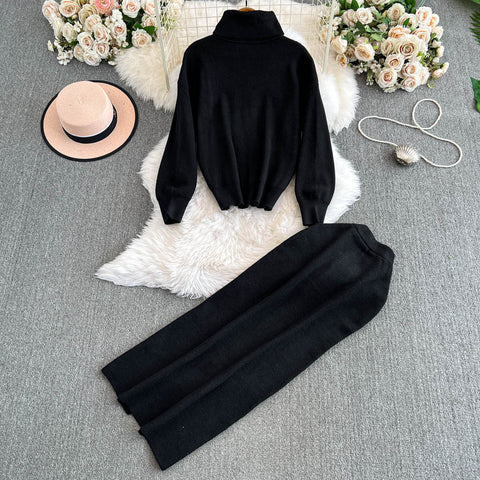 Turtleneck Sweater&Split Skirt 2Pcs