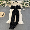 Furry Neckline Sequined Black Jumpsuits