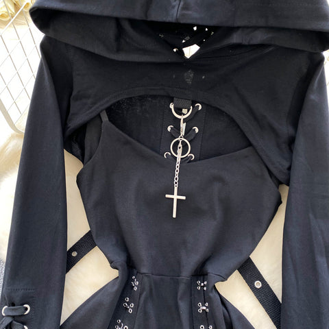 Niche Short Hoodie&Slip Dress 2Pcs