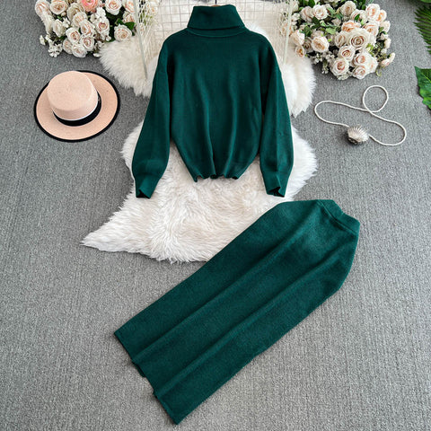 Turtleneck Sweater&Split Skirt 2Pcs
