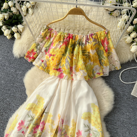 Off-shoulder Floral Printed Chiffon Dress