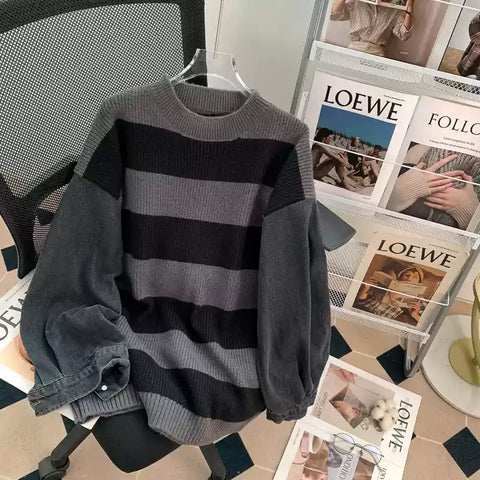 Loose-fit Denim Sleeve Stripe Sweater