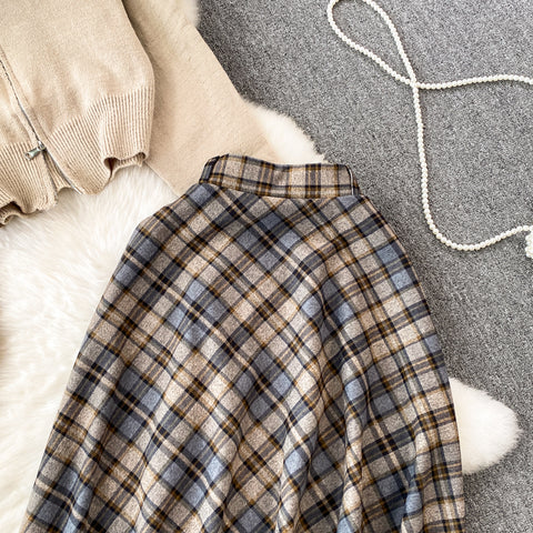 Zipped Cardigan&Plaid Skirt 2Pcs