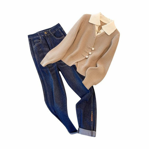 Faux Two-pieces Knitwear&Jeans 2Pcs