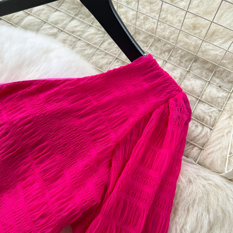 Slant Neckline Hollowed Rose Red Dress