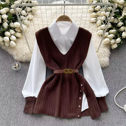 V-neck Knitted Vest&White Shirt 2Pcs