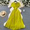 Folded Collar Pleated Mustard Green Dress