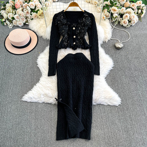 Sequined Cardigan&Twisted Skirt 2Pcs