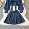 V-neck Shirt&Pleated Skirt Denim 2Pcs