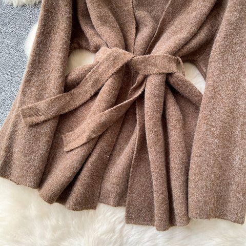 Lace-up Cardigan&Knitted Dress 2Pcs