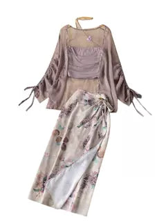 Chiffon Cardigan&Camisole&Floral Skirt 3Pcs
