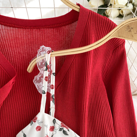Cardigan&Floral Camisole&Skirt 3Pcs