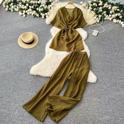 Draped Neckline Top & Wide-leg Trousers 2Pcs