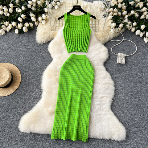 Camisole&Skirt Plaid Knitted 2Pcs
