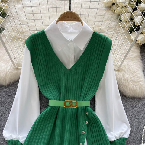 V-neck Knitted Vest&White Shirt 2Pcs