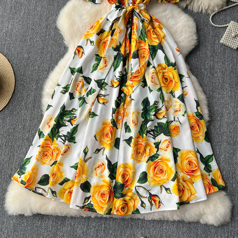 Floral Printed Lace-up Shirt Dress