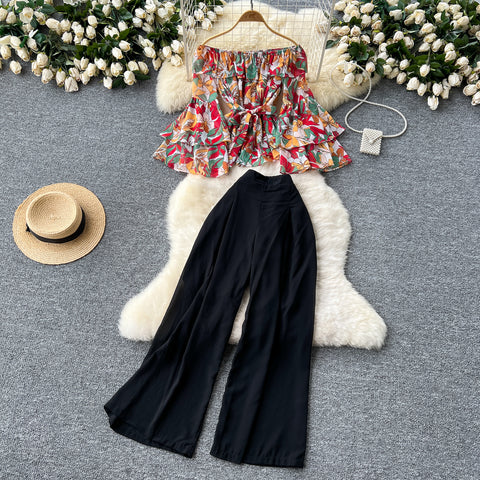 Floral Top&Wide-leg Trousers 2Pcs